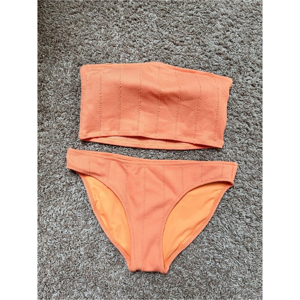 aerie Coral Textured Strapless Bikini Set